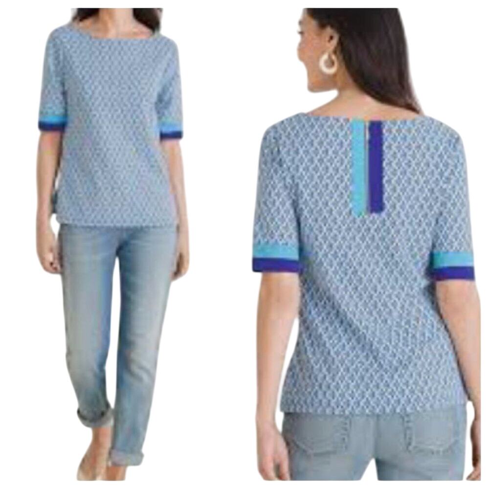 Chico’s Geometric Print Top With Colorblock Trim Size Medium